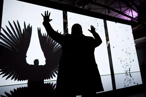 A person with their hands up in front of screens showing them with wings.