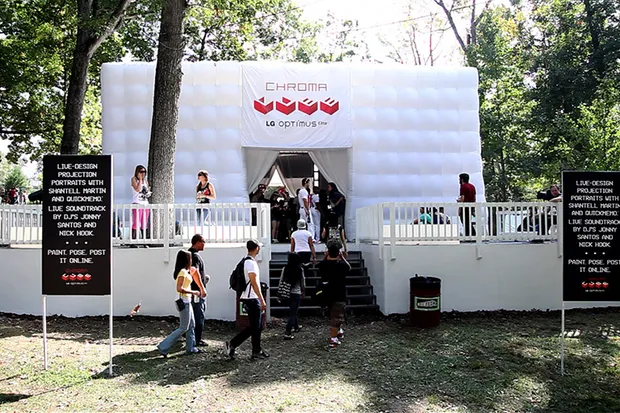 The exterior of an installation at a music festival.