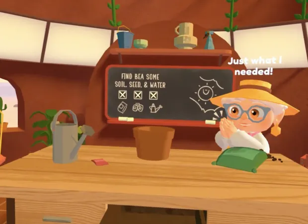 Screenshot from a VR game where an old woman is saying, Just what I needed.