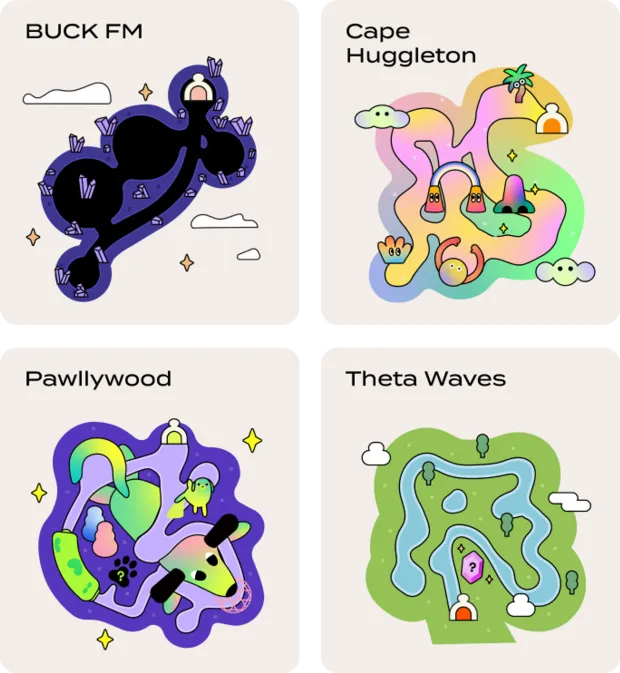 Illustrated maps of four worlds named Buck FM, Cape Huggleton, Pawllywood, and Theta Waves.