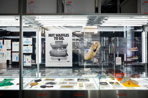 A display case showing Nike artifacts.